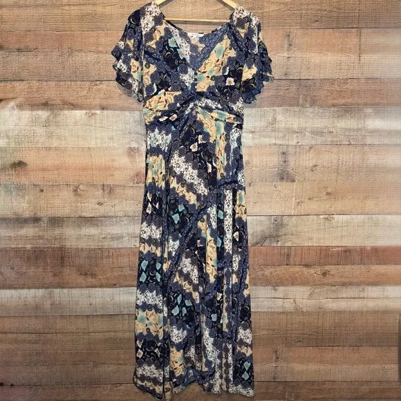 🌻 Abel The Label Anthropologie Ghandi Blue Floral Maxi Dress size Small - Picture 3 of 12